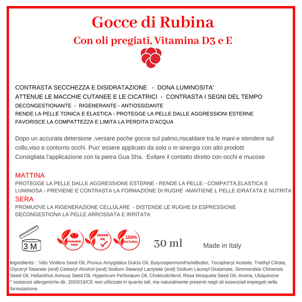 Rubina Gotas 3 en 1 CARA, CUERPO, Terciopelo MANOS (esencia y suero) hidratante y calmante. Aceites preciosos y vitamina D3. Vegan ok, libre de parabeno