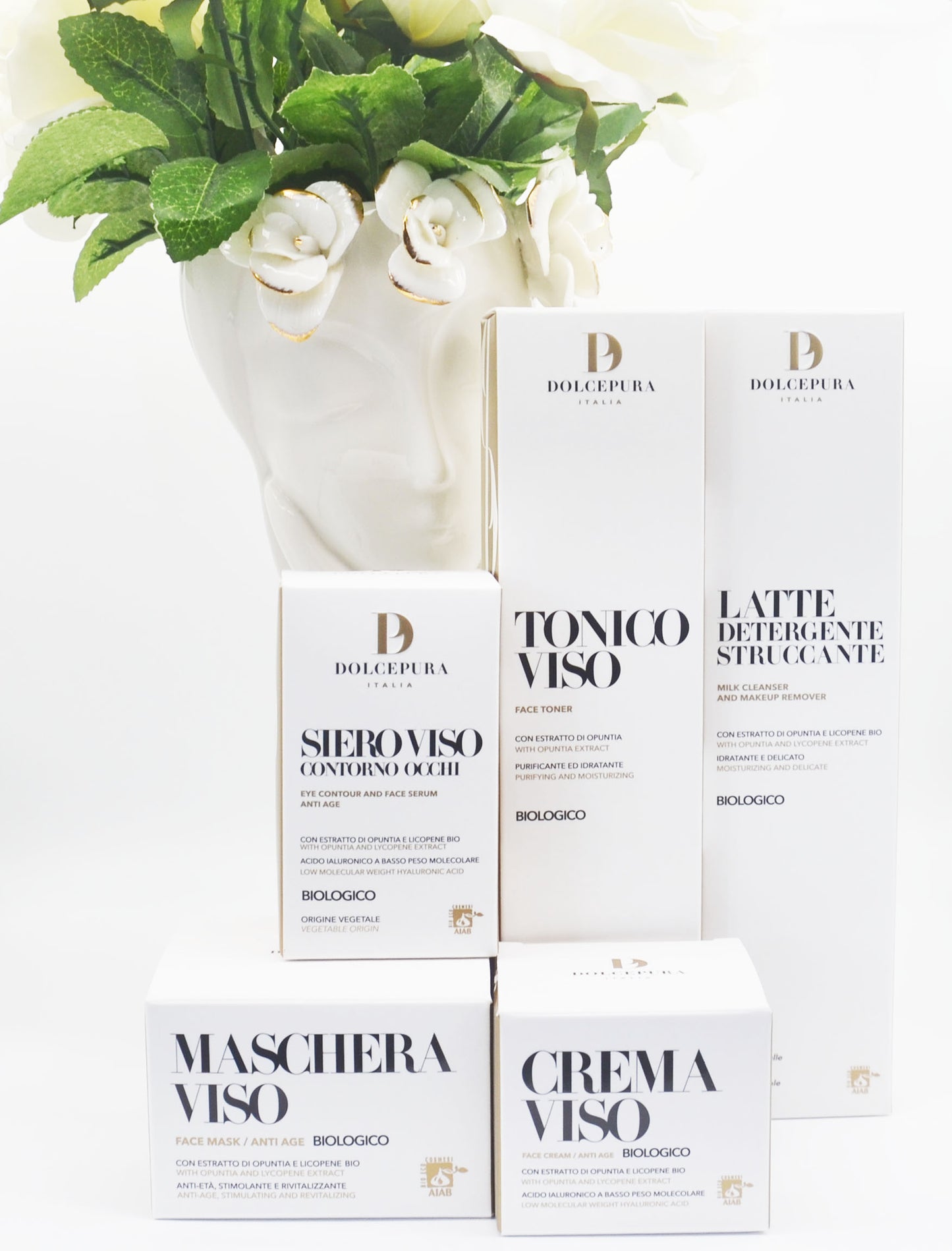 VISO, OCCHI, MANI set "COMPLETO" (latte detergente, tonico, siero, crema, maschera) opuntia e licopene biologico italiano certificato, oli preziosi